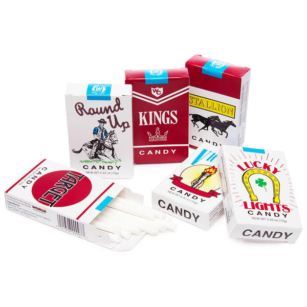 Assorted packs of candy cigarette including Round Up, Kings, Stallion, Target, and Lucky Lights