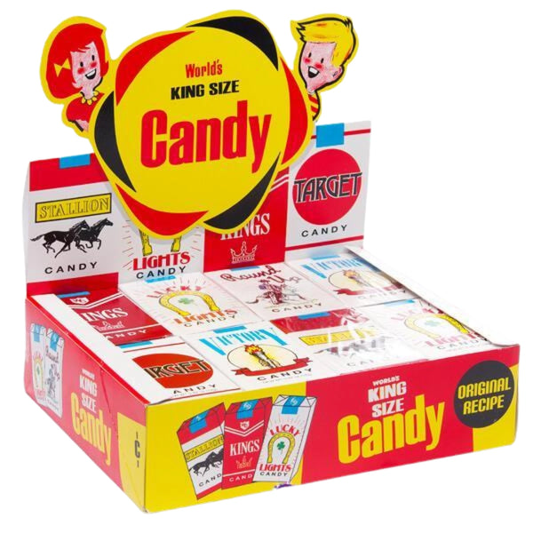 Display box of King Size Candy cigarette sticks with colorful packaging and branding.
