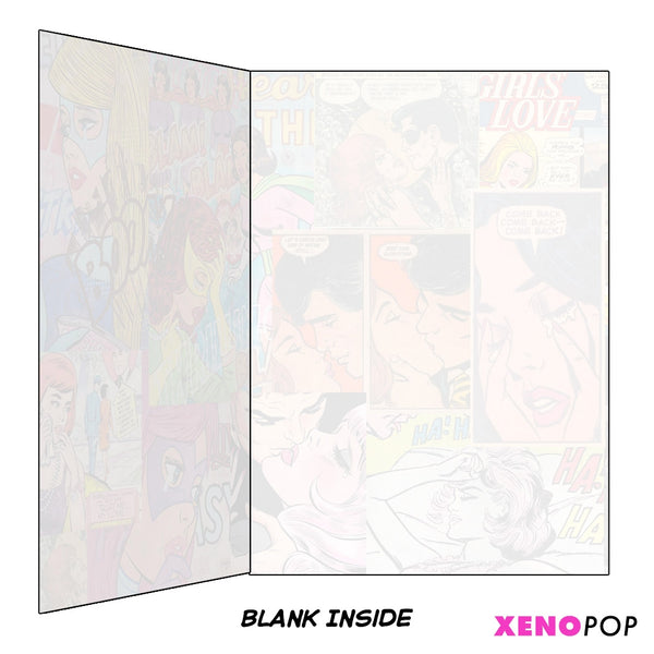 Interior of note card blank inside with subtle comic book cover print