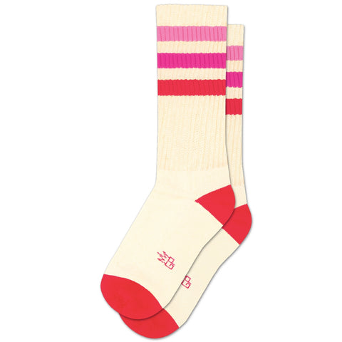 unisex cream white crew socks with dark pink toes and heels & striped cuffs in three shades of pink