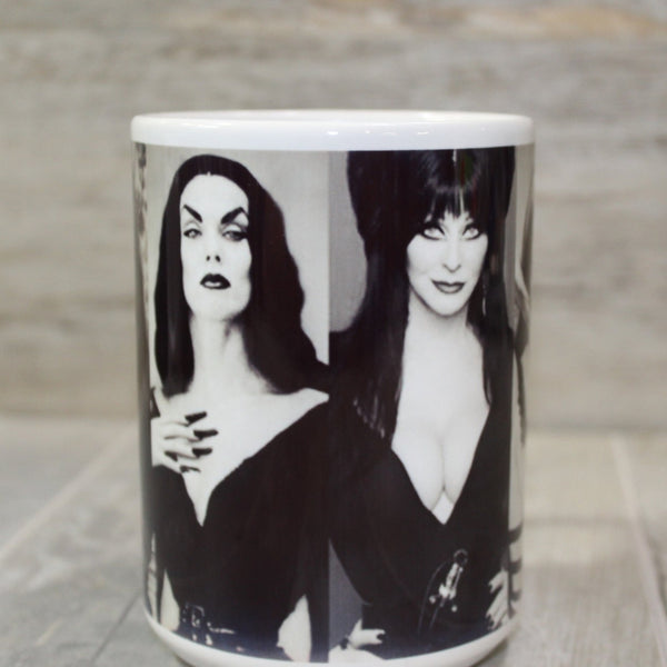 white ceramic mug with a printed black and white collage of the “First Ladies of Goth,” showing view featuring Maila Nurmi as Vampira and Cassandra Peterson as Elvira