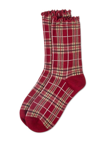 Red, beige, and black plaid socks with lettuce hem on a white background