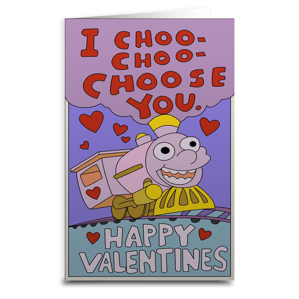 “I CHOO-CHOO-CHOOSE YOU. HAPPY VALENTINES” Simpsons cartoon train Valentines note card