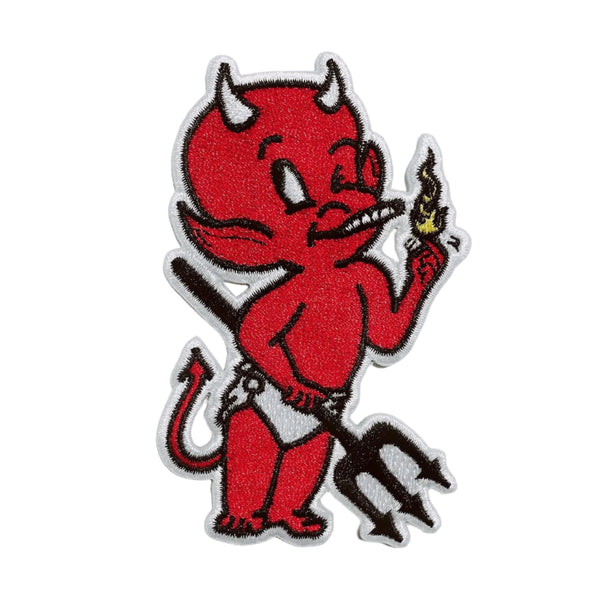 embroidered patch of little devil with black pitchfork and white diaper/loincloth holding a cigarette in his mouth and a flame in one hand