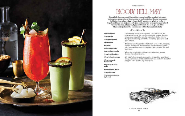A printed recipe page titled 'Bloody Hell Mary' shown beside a styled cocktail photo. The left side features three prepared cocktails in glasses with garnishes, while the right side contains the recipe text and ingredients on a white page with a small car illustration at the bottom.