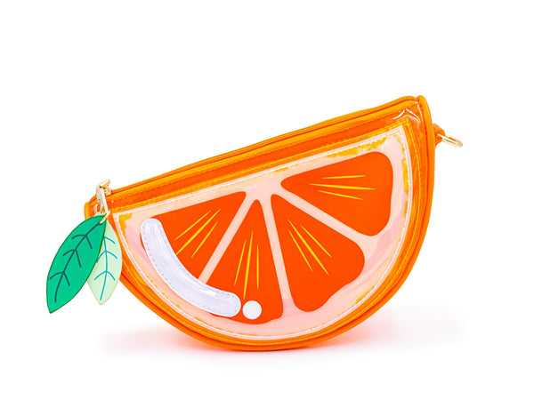 orange vinyl purse shaped like slice of orange with zip closure top, zipper pulls shaped like green leaves, and removable matching strap. Shown from front