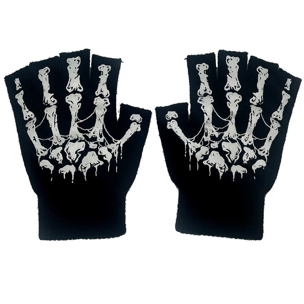 pair black and glow-in-the-dark white printed skeleton hand with cobwebs fingerless gloves. Shown from front