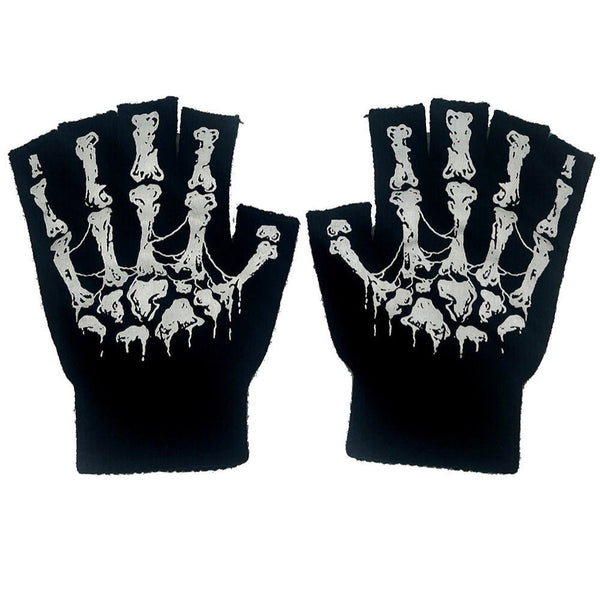 pair black and glow-in-the-dark white printed skeleton hand with cobwebs fingerless gloves. Shown from front