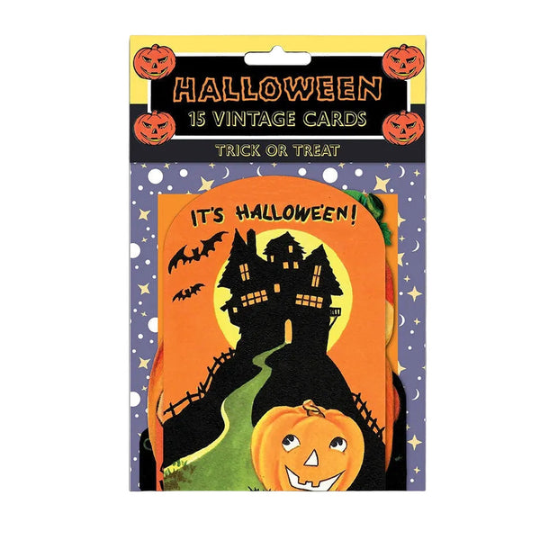 A package of vintage Halloween cards featuring a spooky haunted house silhouette, a jack-o'-lantern, bats, and the text 'IT'S HALLOWEEN!' on a purple starry background, with a header card reading 'HALLOWEEN 15 VINTAGE CARDS'.