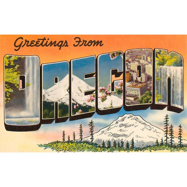 Vintage-style 'Greetings from Oregon' postcard with scenic elements.