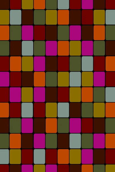 A repeating grid pattern of small square tiles in multiple colors, including magenta, orange, olive green, mustard yellow, dark red, and light blue-gray, separated by thin black outlines.