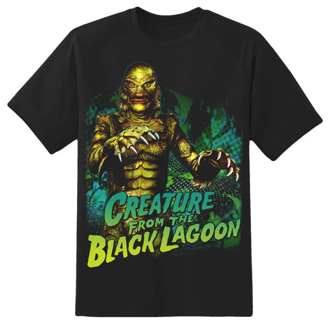 Guy's sizing 100% Cotton fitted black t-shirt featuring a vibrant blues & greens image of the Creature From The Black Lagoon in a standing pose behind the logo from the classic 1954 movie.