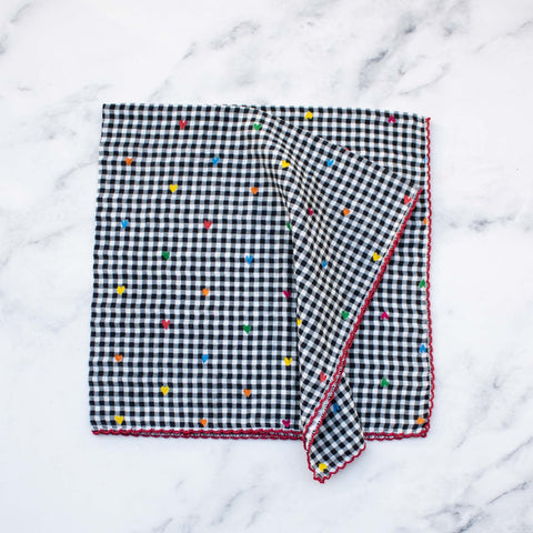 square cotton seersucker scarf with black and white gingham & tiny rainbow heart print, with deep red embroidered trim