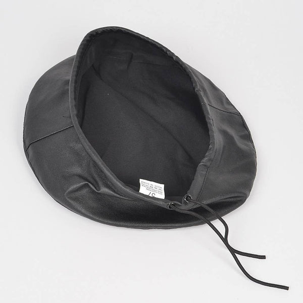 "French" beret in matte finish black faux leather. Shown flat from inside