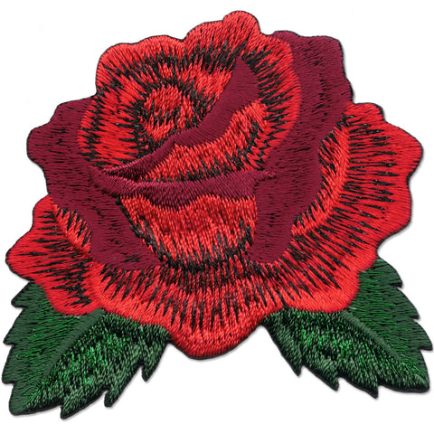 blooming red rose patch with highlights stitched in black metallic thread and leaves stitched with green metallic thread