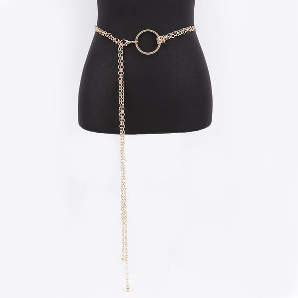 ouble link chain belt in gold with round charms at the end of each chain connected to large matching silver O ring. Shown on dress form
