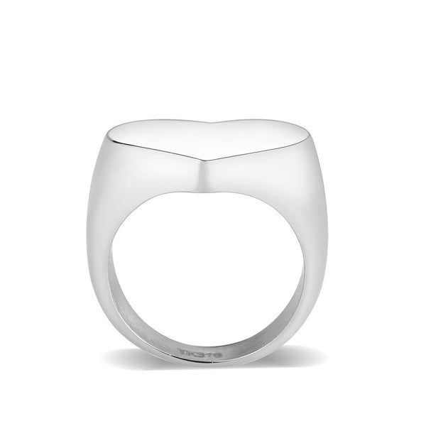 Silver stainless steel heart-shaped signet ring with flat top shown from front