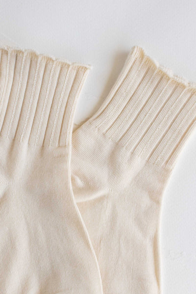 Creamy white cotton knit socks with ribbed pattern and scalloped cuffs. Shown flat in close up