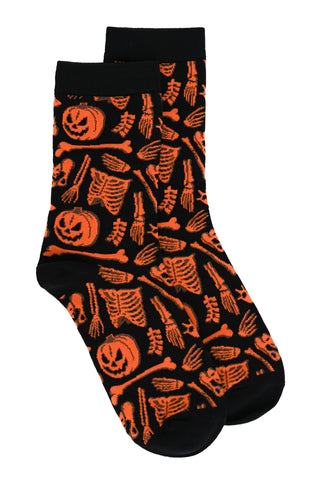 Black socks with orange Halloween patterns including pumpkins, skeletons, and bones and solid black cuffs, toes, and heels