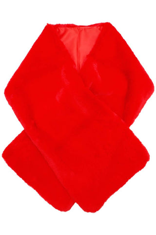 bright red faux fur shawl with red fabric lining and hook & eye closure shown flat
