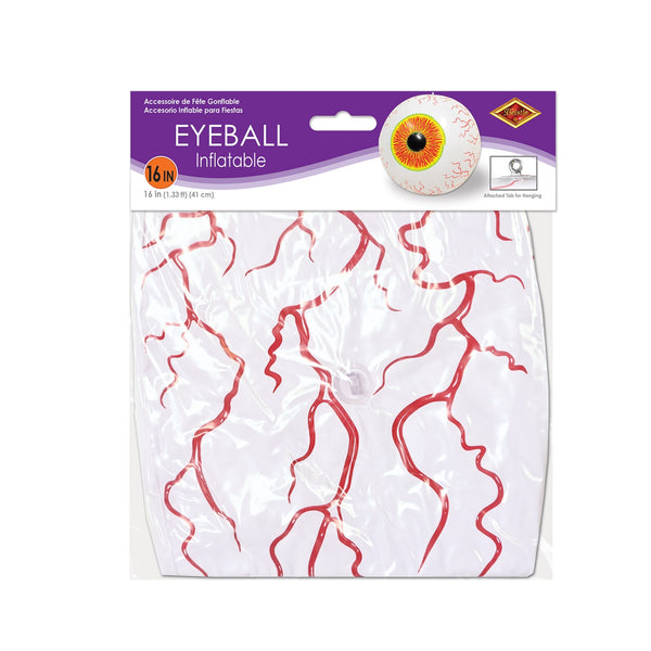 Packaged 16-inch inflatable fake eyeball on a white background.