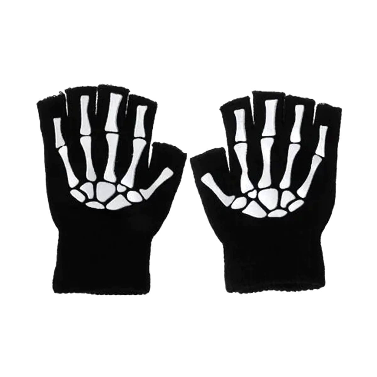 Black knit fingerless gloves with white bone details on a white background