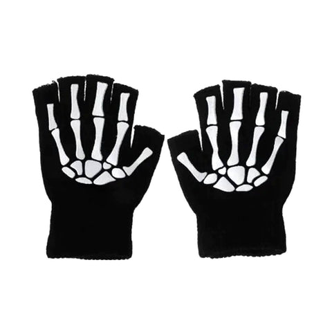 Black knit fingerless gloves with white bone details on a white background