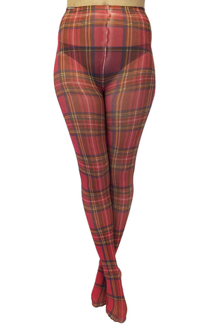 green, red, yellow, blue, and black plaid (Royal Stewart tartan) opaque printed tights shown worn by a model from the front