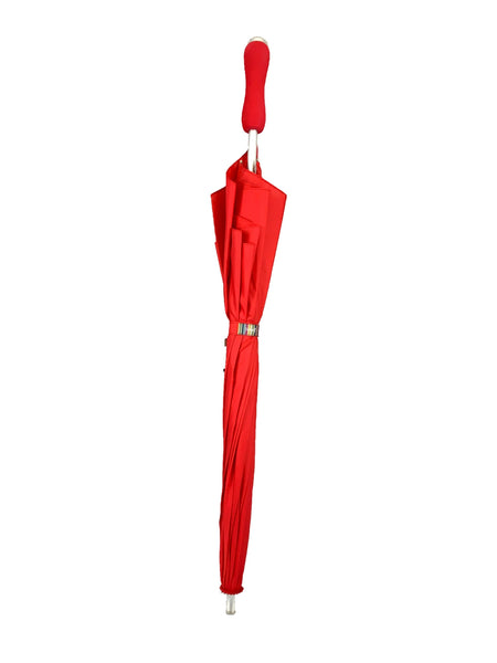 Red heart-shaped umbrella with silver metal handle and red soft foam grip. Shown closed