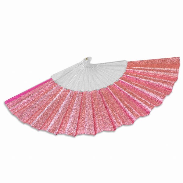 light pink glittery folding fan with translucent sparkly ribs shown open from side