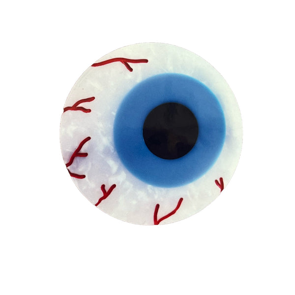 die-cut glossy finish vinyl sticker of cartoony bloodshot eyeball with marbled white and light blue iris with black pupil. Shown on white background