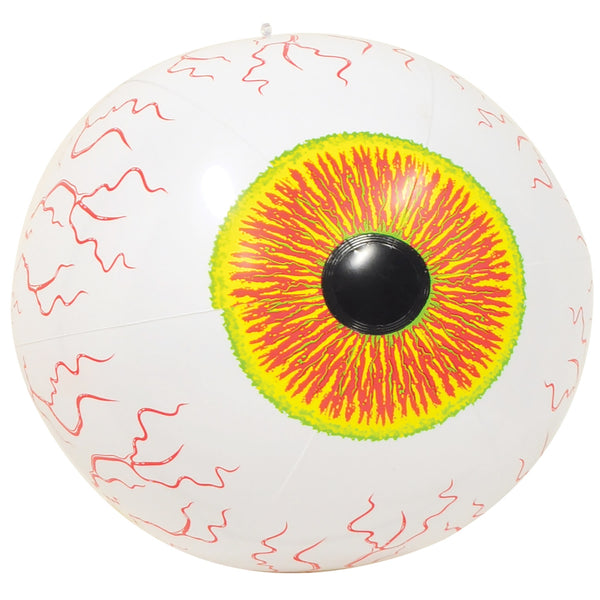 An inflatable novelty ball designed to look like a human eyeball, featuring a white base with red vein-like markings, a yellow and red iris, and a black pupil in the center.