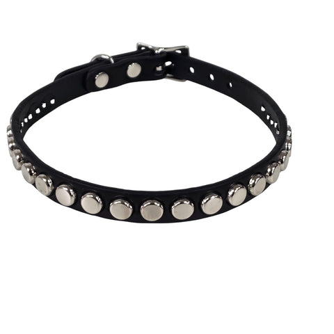 Black leather choker with silver nailhead studs and silver buckle on a white background