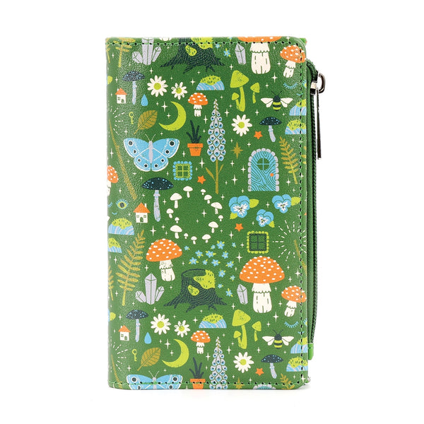 Green faux leather wallet with printed pattern of mushrooms, fairy circles, plants, flowers, moons & stars, and fairy doors. Shown closed from the front