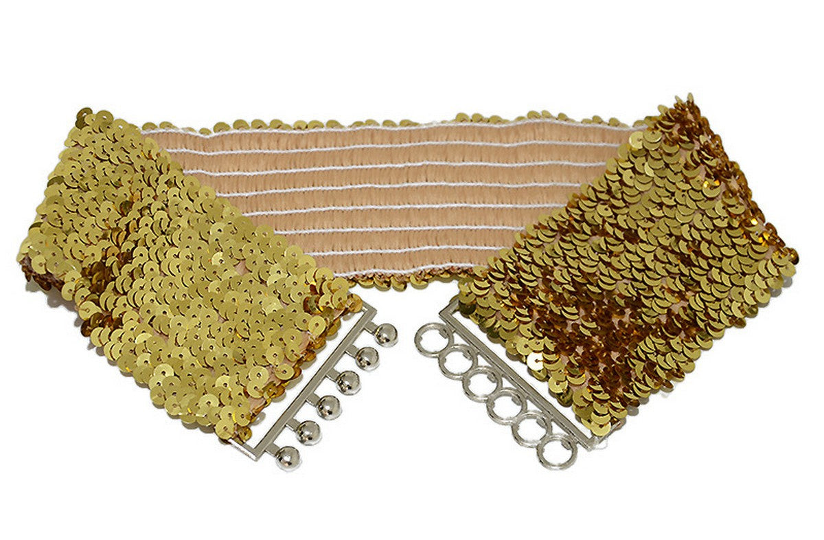 Gold sequin elastic waist belt with a silver metal clasp on a white background