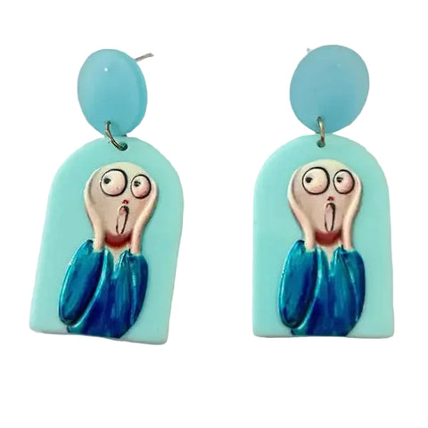 pair of aqua blue acrylic drop earrings with printed cartoon version of "The Scream" painting on semicircular charm attached to circular blue charm