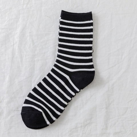 ribbed black and white horizontally striped crew socks