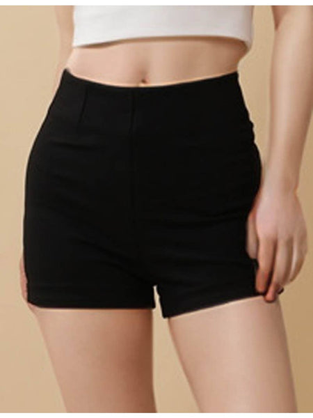fitted black stretch high-waist shorts with back zip closure, shown on model from front
