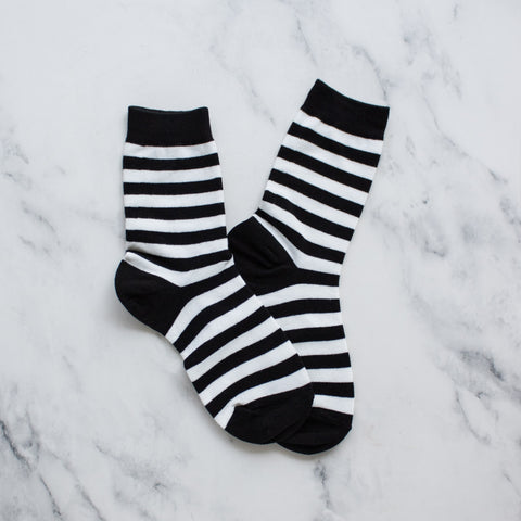 cotton knit socks with black and white horizontal stripe knit-in pattern