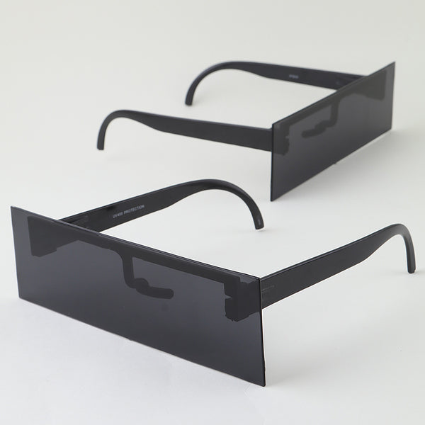 pairs of black plastic frameless sunglasses in the shape of a censored eye bar. Shown from three quarter angles