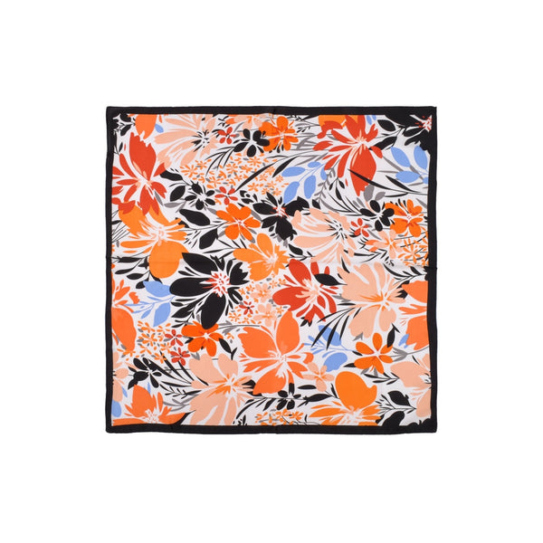 square satin scarf with floral pattern on orange, red, coral, periwinkle, and black with black trim. Shown flat