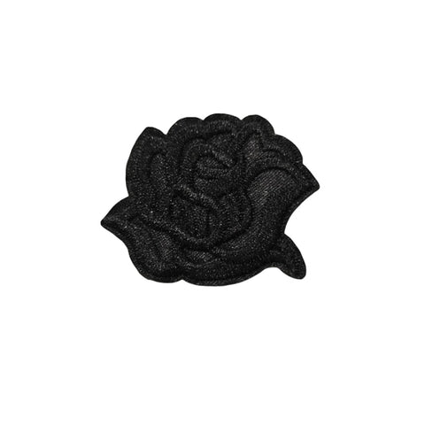 Embroidered patch of a black rosebud with a black outline