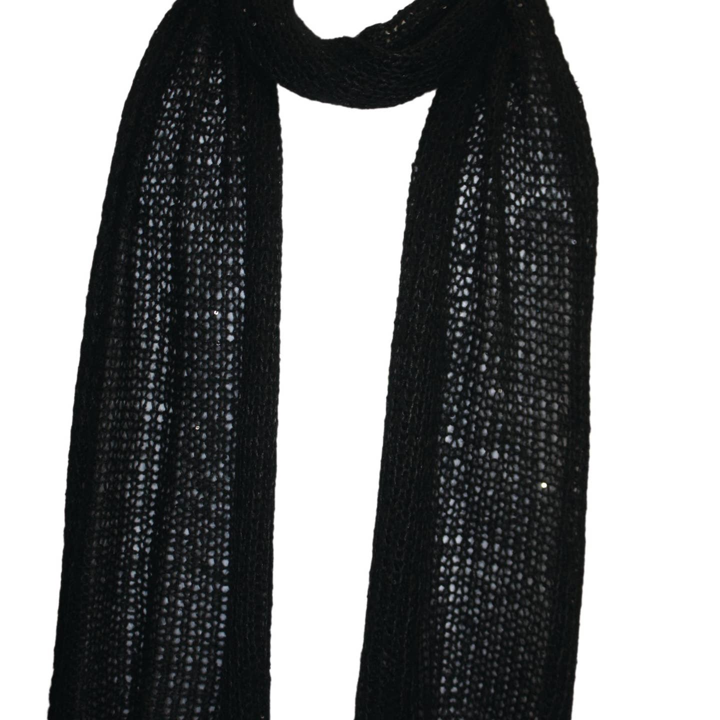 Black open knit scarf with black sequin appliqués