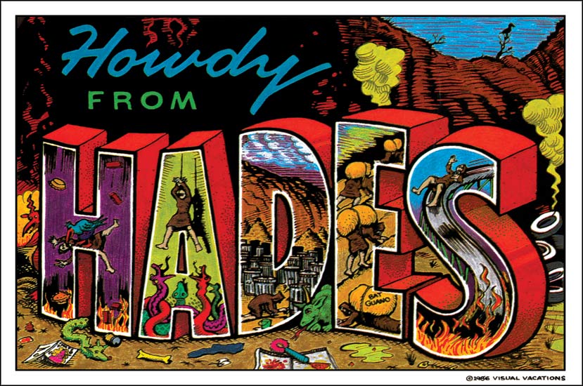 rectangular postcard in vintage souvenir illustrated postcard style featuring message "howdy from Hades