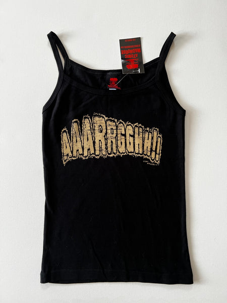 Black cotton blend spaghetti strap camisole tank top with beige screen printed message of “AARRGGHH!!” across front of chest. Shown flat