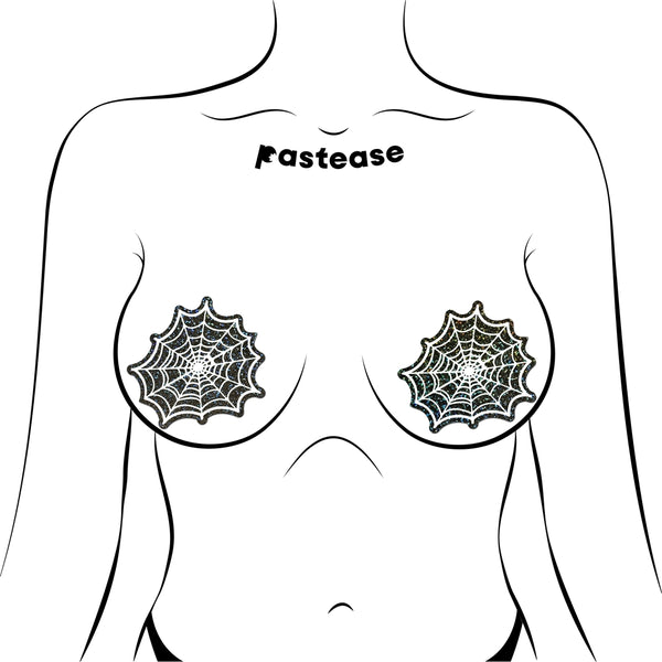 textured black glittery background pasties with white spiderweb design shown worn by illustration of nude person