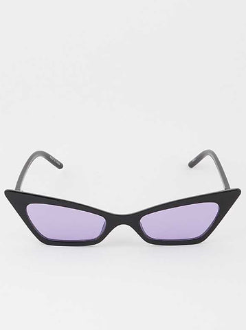 Sharp angled cat eye sunglasses with black plastic frames and bright purple lenses