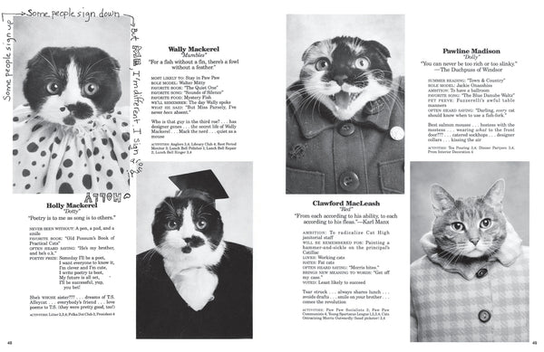 Vintage-style cat magazine with various cats in different poses and outfits.