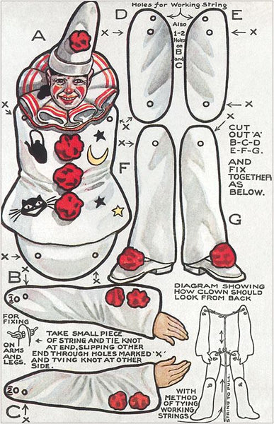 postcard with image of instructions for assembling a clown doll with detailed illustrations and text.