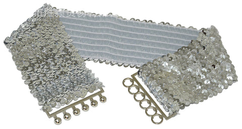 Silver sequin elastic waist belt with a silver metal clasp on a white background